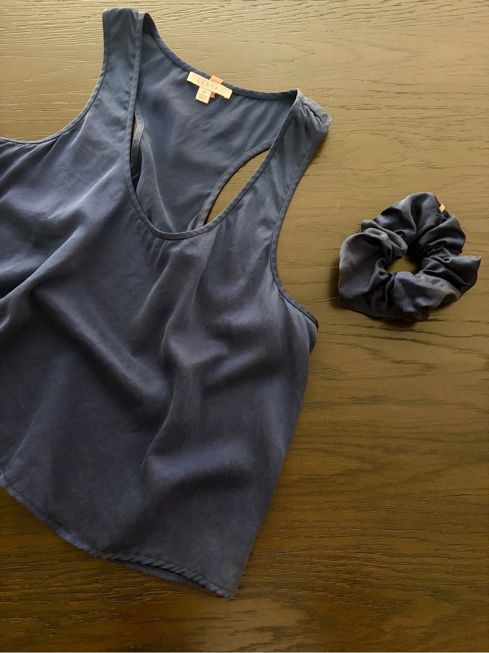 Lunya Washable Silk Racerback Tank and Scrunchie set in Deep Blue | Medium